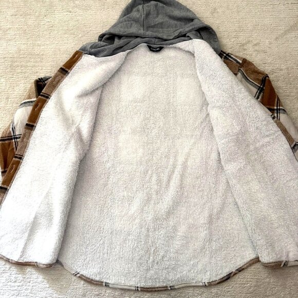 ChicMe Plaid Hooded Jacket Size L Camel Brown Fleece Lined Casual Boho Shacket - Picture 3 of 10
